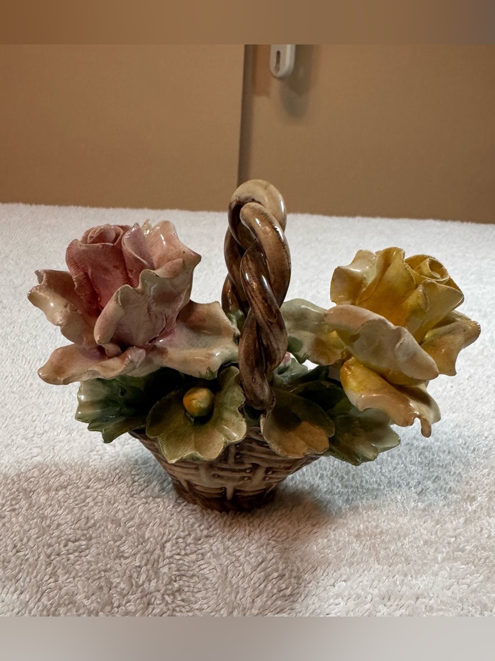 Mini Capodimonte Ceramic Floral Basket Figurine in Pink, Yellow and Green.